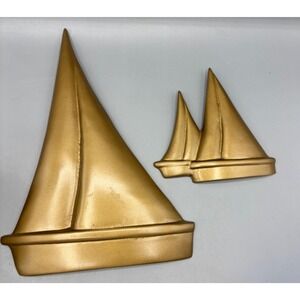 Set Of 3 Gold Brass Tone Metal Sailboat Wall Decor Pieces For Nautical Or Coasta